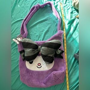 NWT Sanrio KUROMI Purple Plush Zipper Bag w/ Big Black Bow